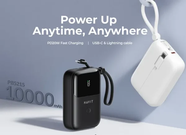 Havit PB5215 10,000mAh 20w Mini Power bank with in-built Lighting & Type C Cables - Image 2