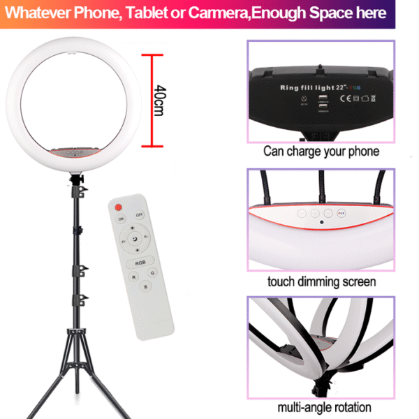 22 inch RGB Ring Light with 2M Tripod stand, Remote, Bluetooth Shutter & Bag - Image 5