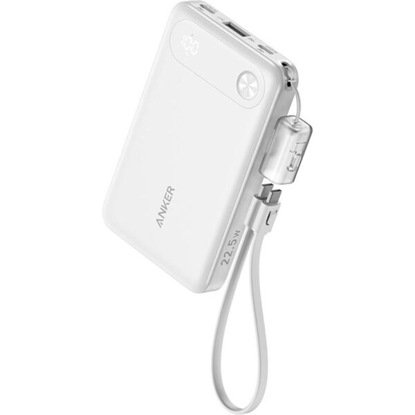 Anker Power Bank with Built-in USB-C Cable and Lanyard, 10,000 mAh, 22.5W USB-C Charging – A1257H21- White