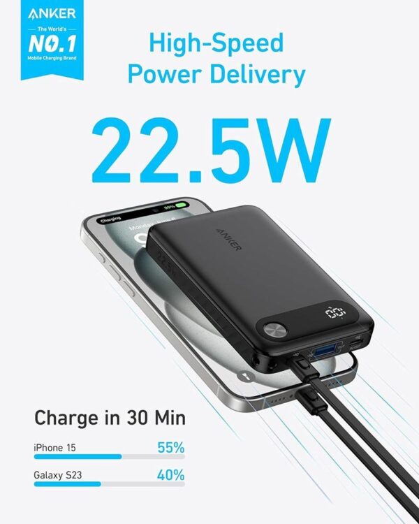 Anker Power Bank with Built-in USB-C Cable and Lanyard, 10,000 mAh, 22.5W USB-C Charging – A1257H21- White - Image 2