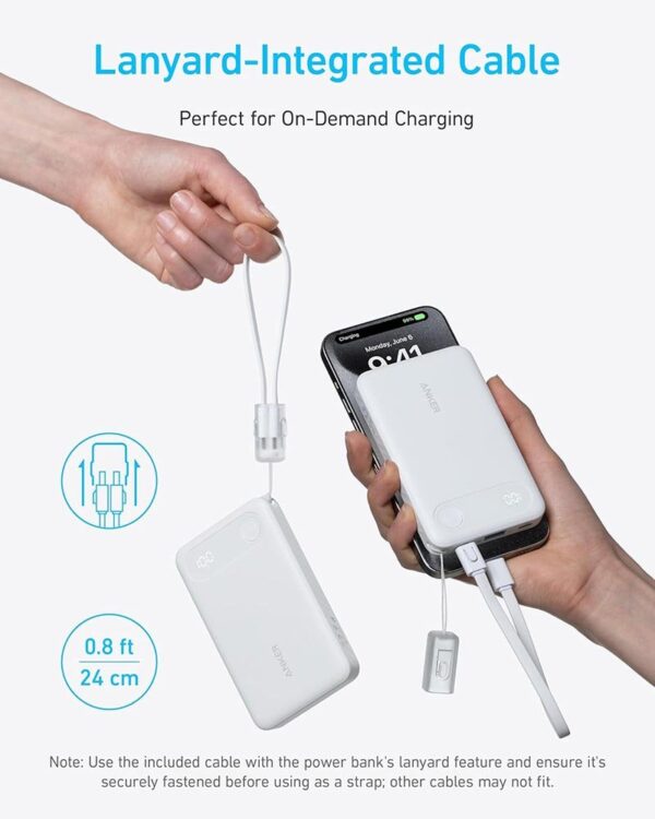 Anker Power Bank with Built-in USB-C Cable and Lanyard, 10,000 mAh, 22.5W USB-C Charging – A1257H21- White - Image 4
