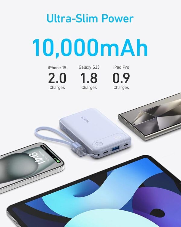 Anker Power Bank with Built-in USB-C Cable and Lanyard, 10,000 mAh, 22.5W USB-C Charging – A1257H21- White - Image 5