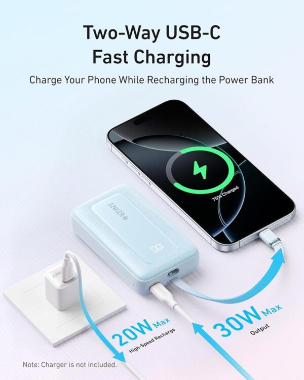 Anker Zolo 10,000mAh, 30W High Speed Power Bank with built in USB-C Cable – A1688H31 - Blue - Image 3