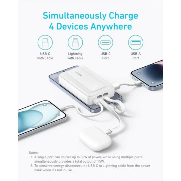 Anker Zolo 10,000 mAh, 30W High Speed Power Bank with Built-in USB-C and Lightning Cable - A1680H21 - White - Image 5
