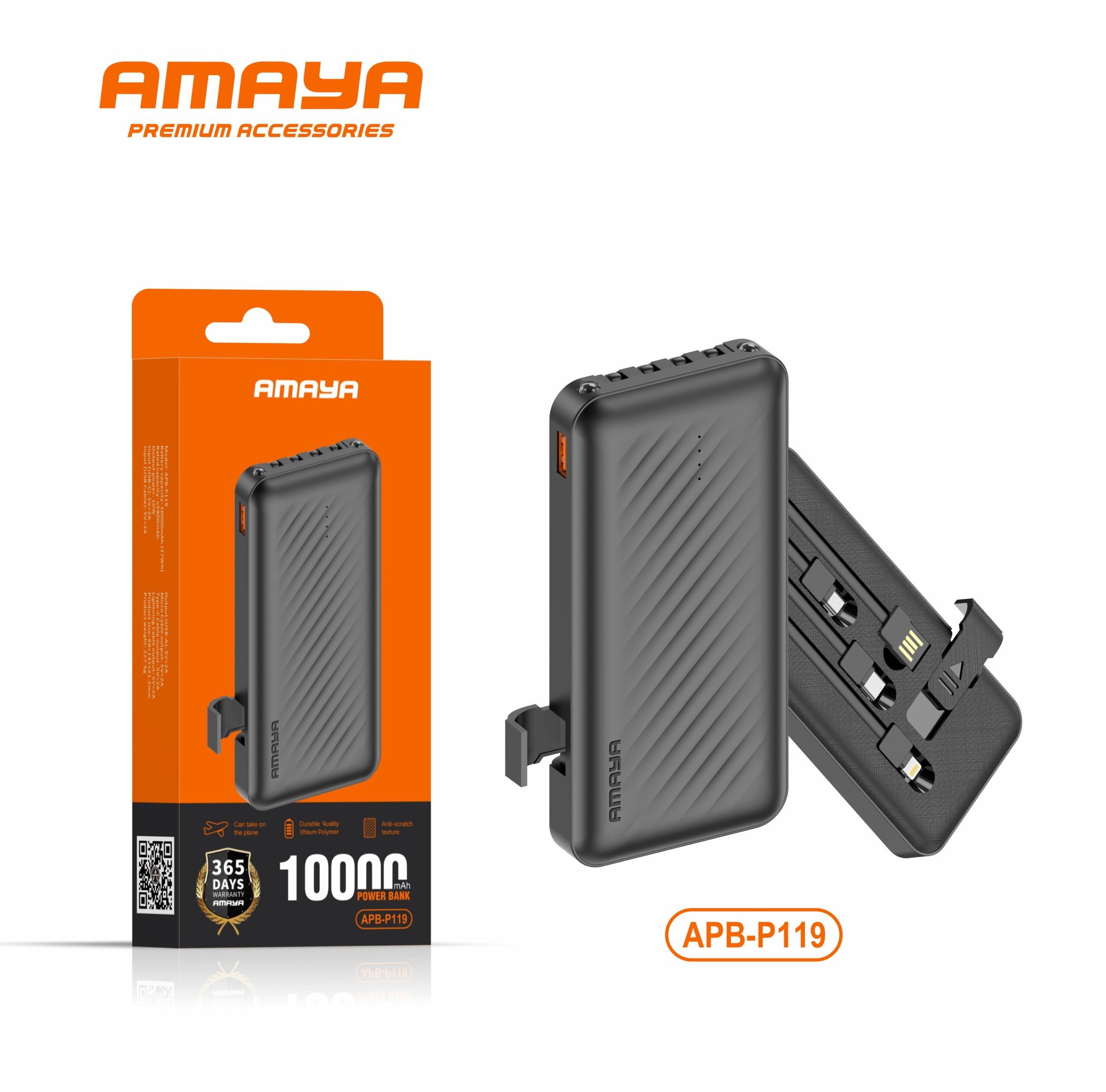 Amaya APB-P119 10,000mAh Power Bank with Built in Cables 1 Amaya APB-P119 10,000mAh Power Bank with Built in Cables