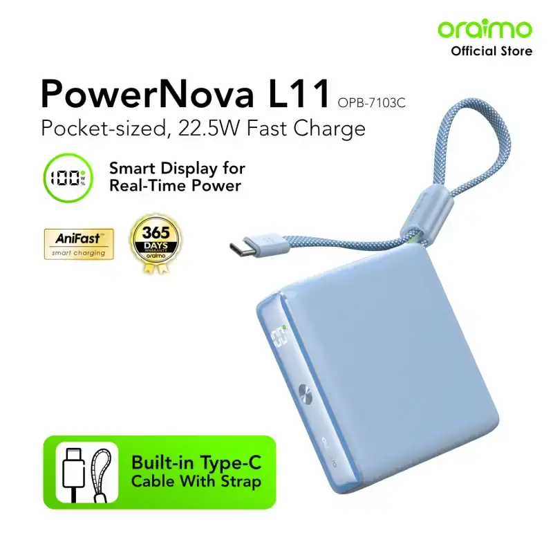 Oraimo PowerNova L11 OPB-7103C 22.5w 10,000mAh Fast Charging Power Bank with Built in Type C Cable 1 oraimo Powerbank Mini OPB-7103C PowerNova L11 Kapasitas Nyata 10000 mAH Pocket Size 22.5W Fast Charging Dual Port With Type C Built In Cable Strap