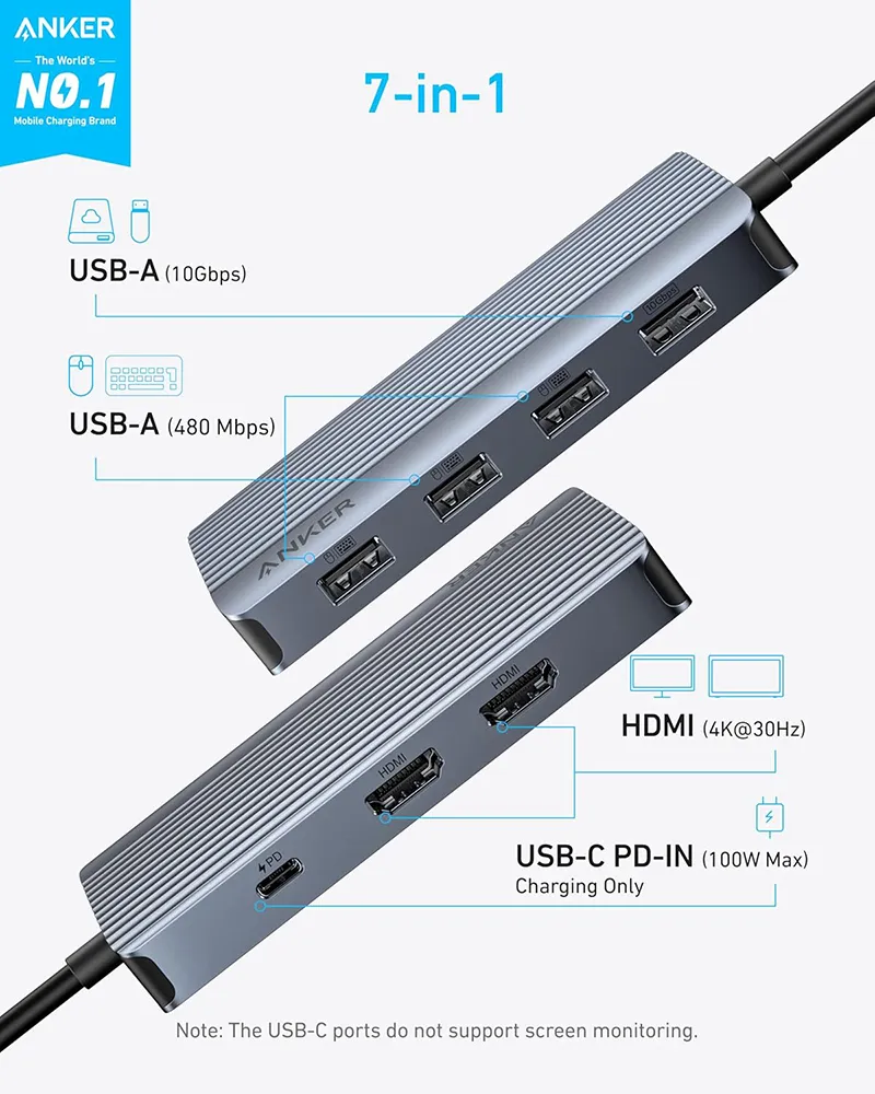 Anker USB-C Hub 7-in-1 Dual Display - A8374AA1 2 Anker USB-C Hub 7-in-1 Dual Display - A8374AA1 - Image 2